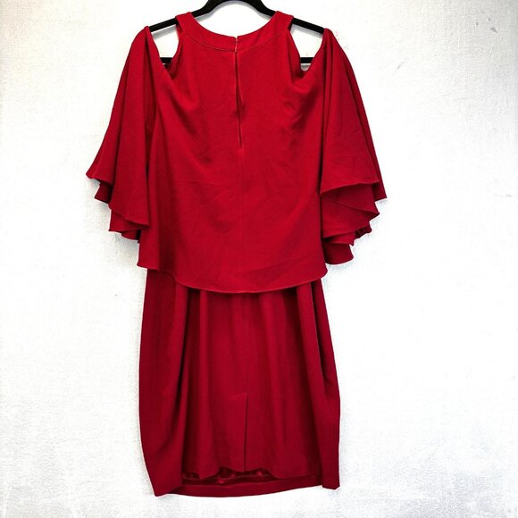 Adrianna Papell Red Flutter Party Dress Womens 16W Cold Shoulder Midi Cocktail - Picture 2 of 15